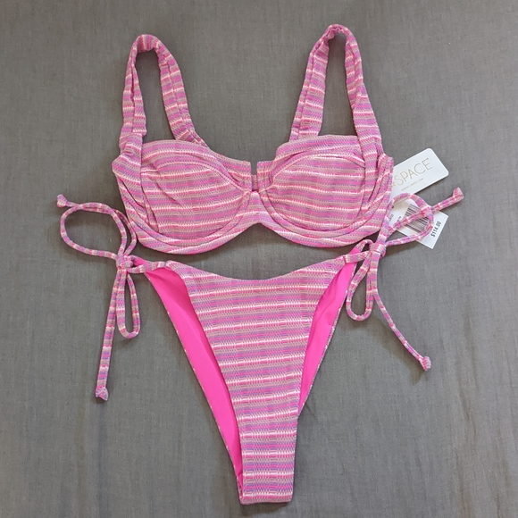 L*Space Camellia Lennox Electric Pique Stripe Pink Bikini Set - Picture 1 of 15